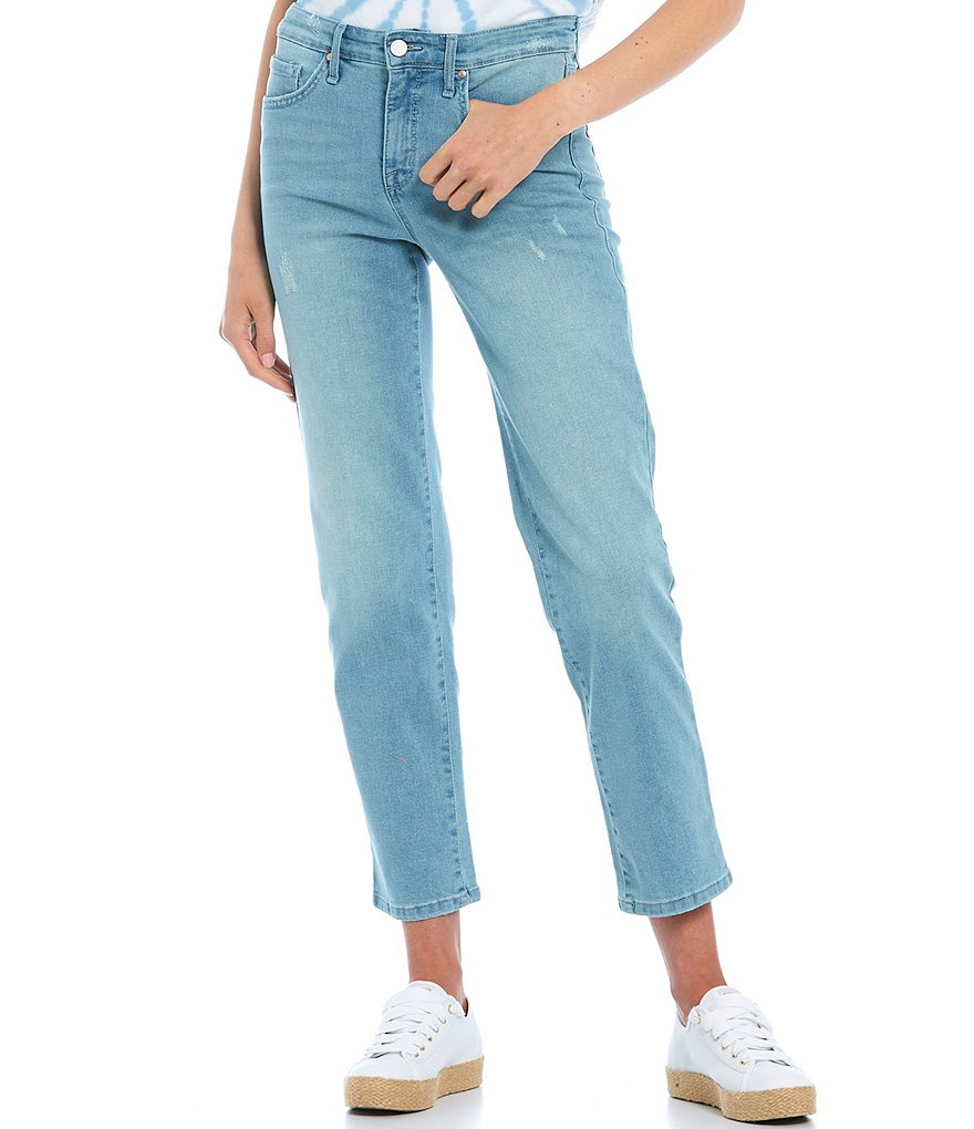 Frayed High Rise Straight Leg Jeans