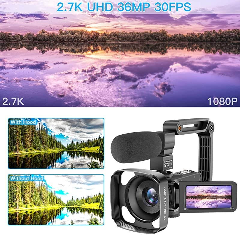 Camcorder Video Camera with Microphone, 2.7K UHD Vlogging Cameras for YouTube IR Night Vision 30FPS 36MP 16X Zoom 3.0 Inch 270&deg; Rotatable Touch Screen Remote Control 2 Batteries