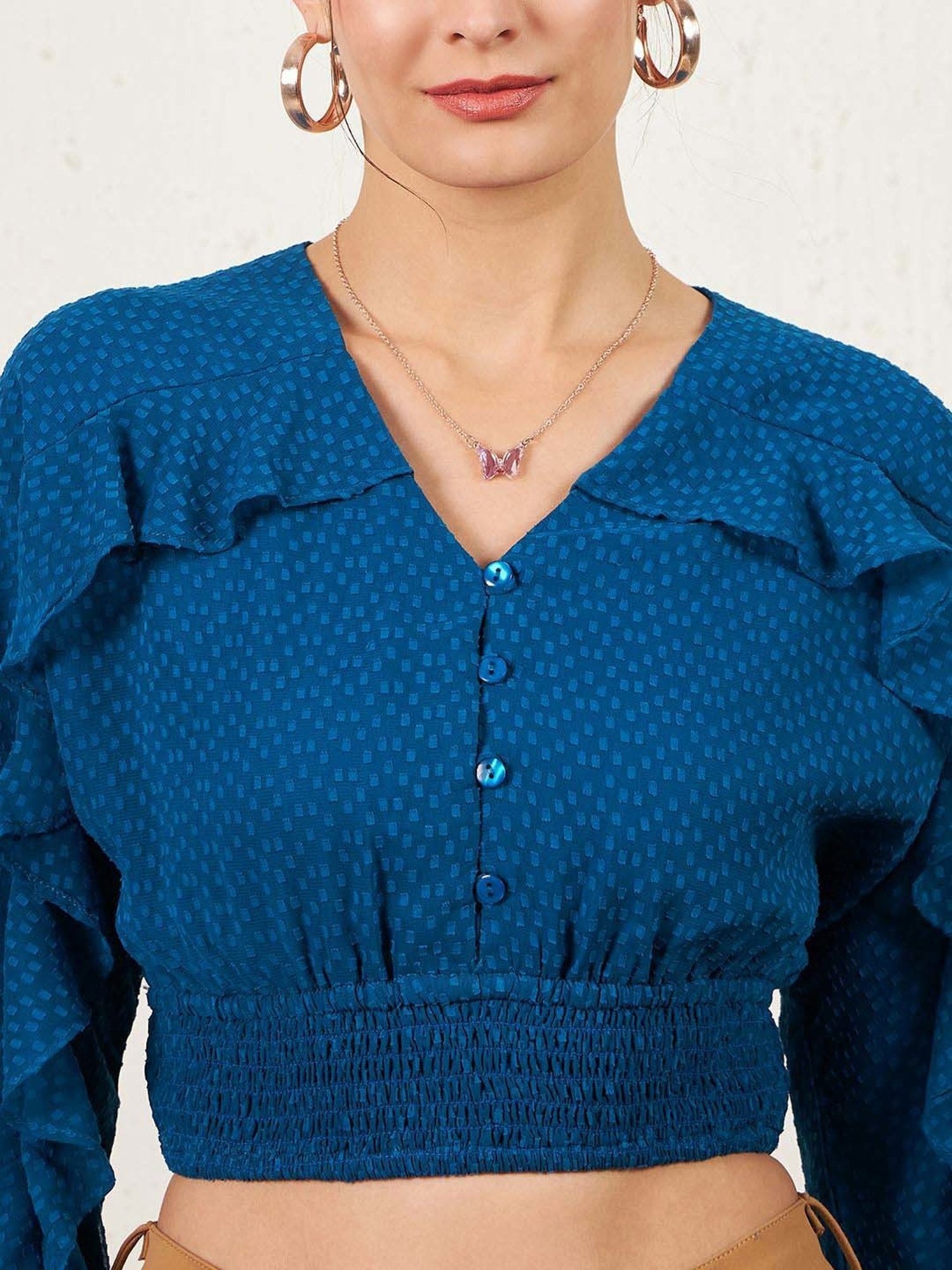 Rare Blue Self Pattern Crop Top