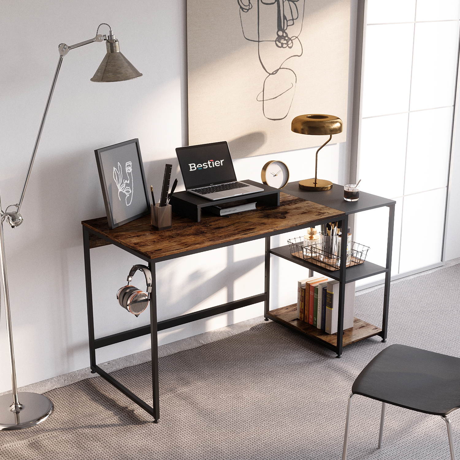 Bestier 55 Inch Home Desks with Monitor Stand & Storage Shelves, Sturdy Rustic Desk, Home Office Laptop Desk, Easy to Assemble, Rustic Brown & Black