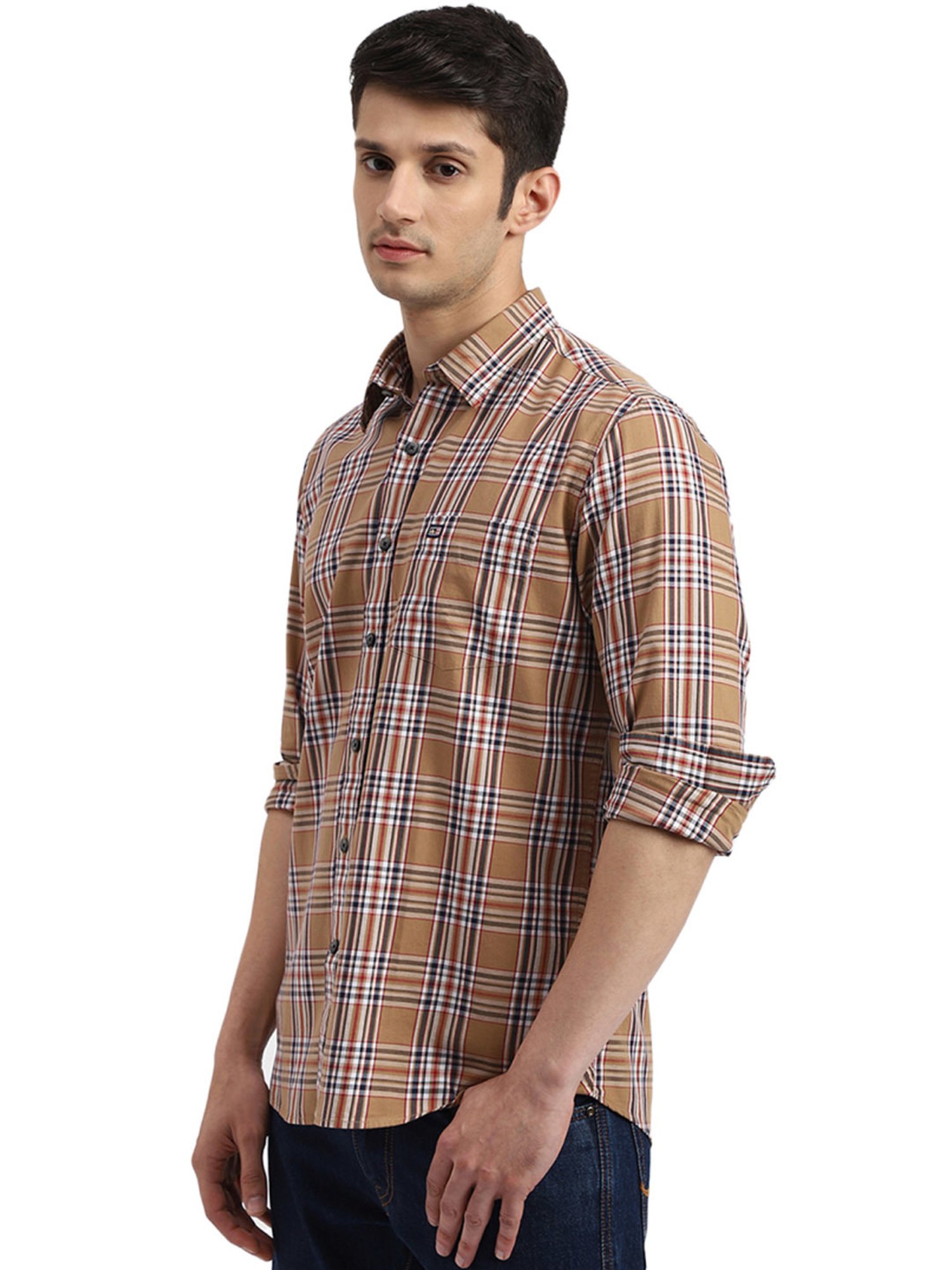 Arrow Light Brown Cotton Slim Fit Checks Shirt