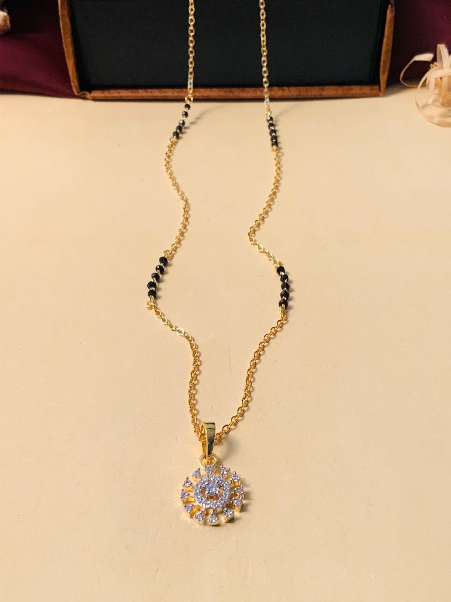 Abdesigns Gold-Plated American Diamond & Black Beaded Mangalsutra