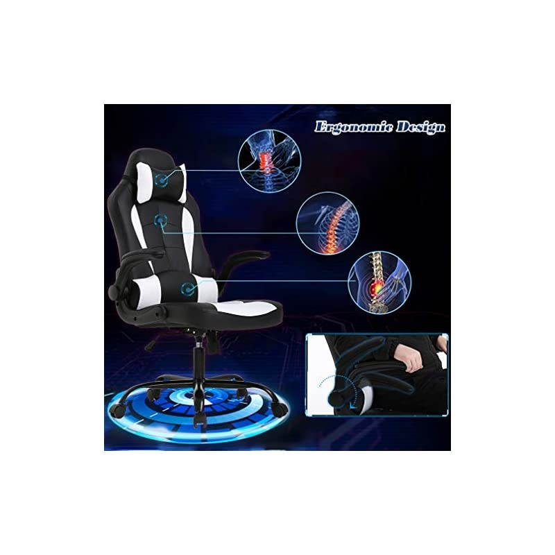 PC Gaming Chair Ergonomic Office Chair Desk Chair with Lumbar Support Flip Up Arms Headrest PU Leather Executive High Back Computer Chair for Adults Women Men, Black and White