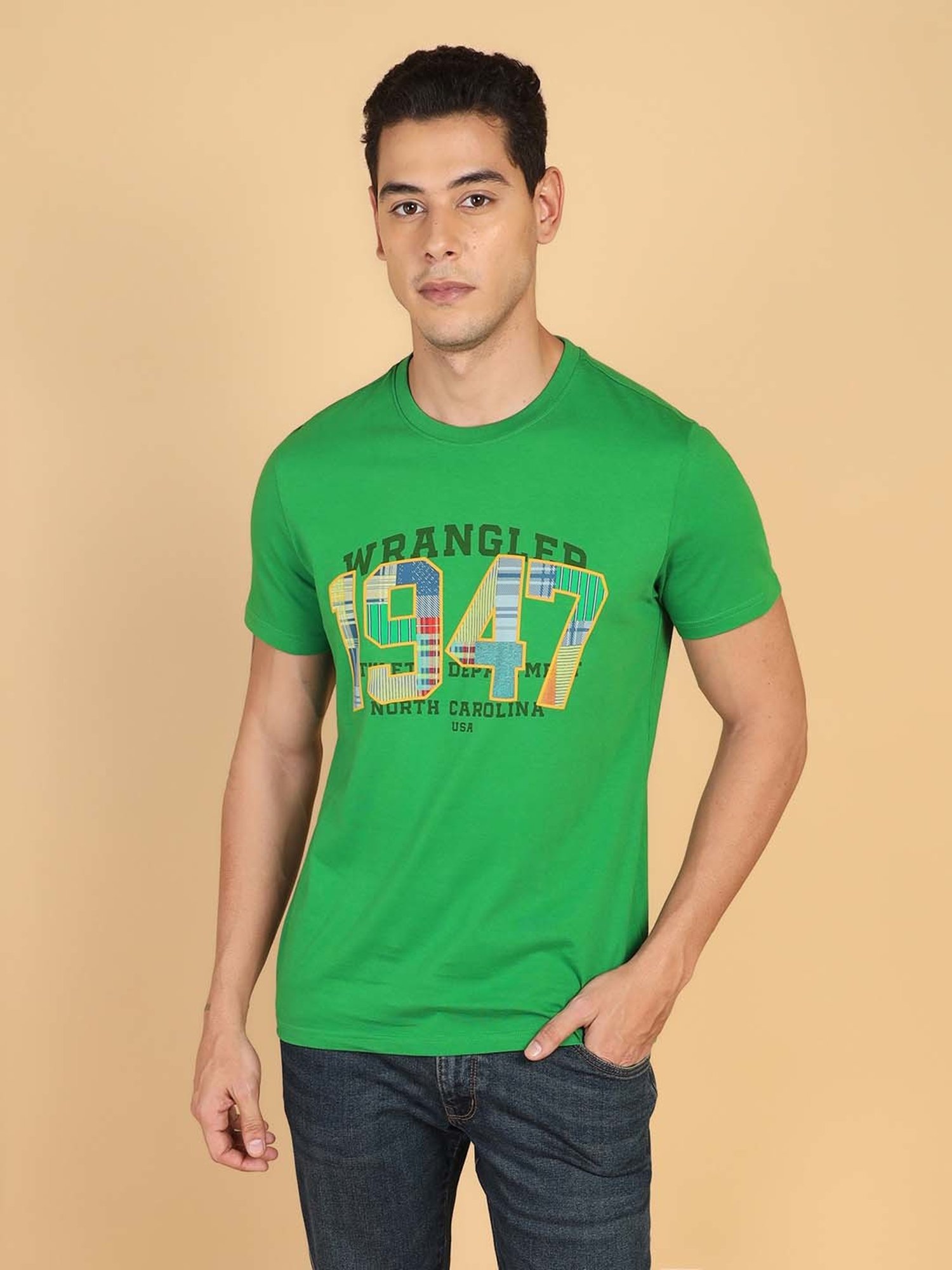 Wrangler Green Regular Fit Printed Cotton Crew T-Shirt