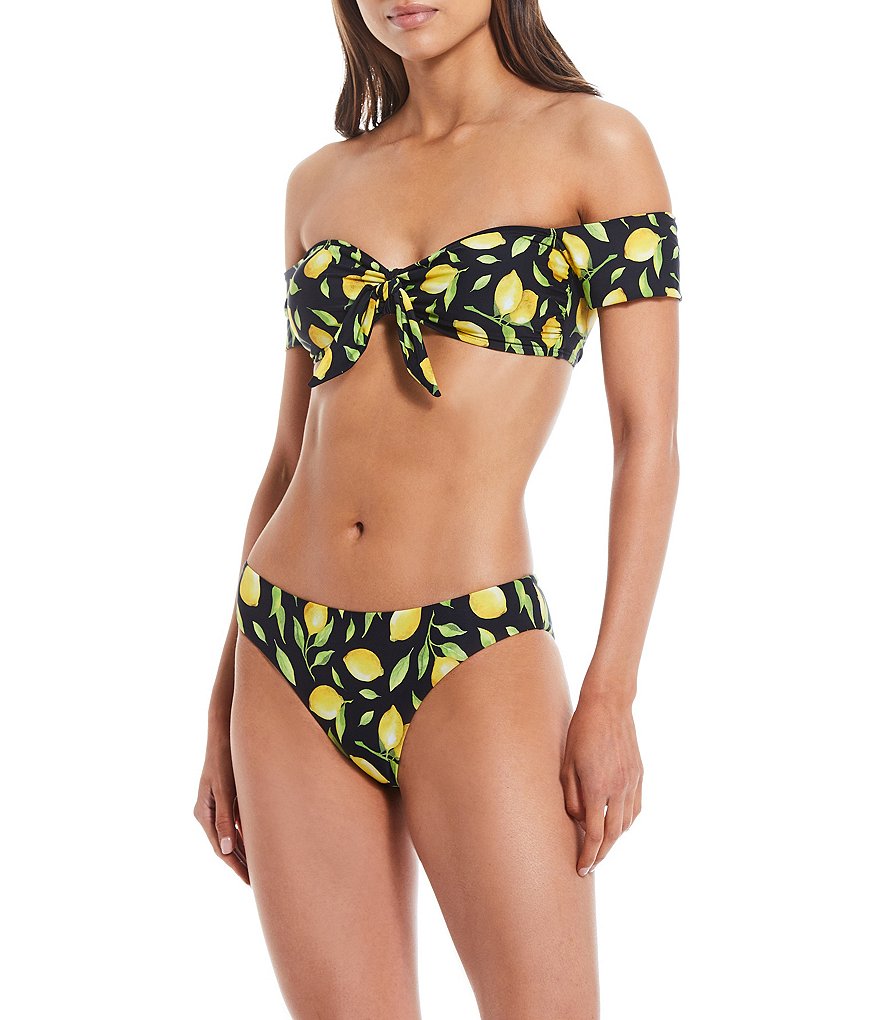 Gianni Bini Sweet Summer Lemon Print Off-the-Shoulder Tie Front Swim Top