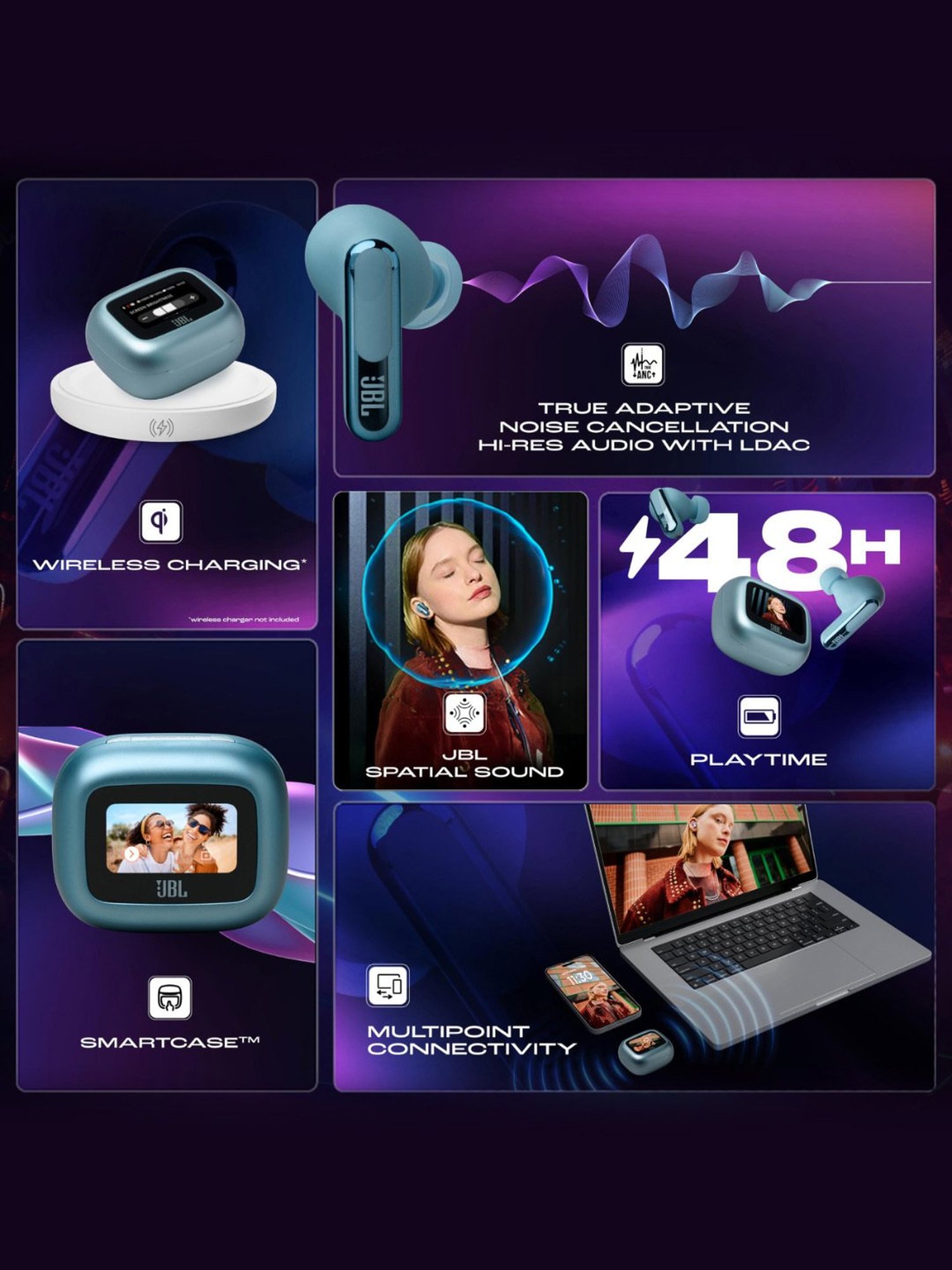 JBL Live Beam 3 In Ear Bluetooth Earbuds with Noise Cancelling & 48H Playtime (Blue, True Wireless)