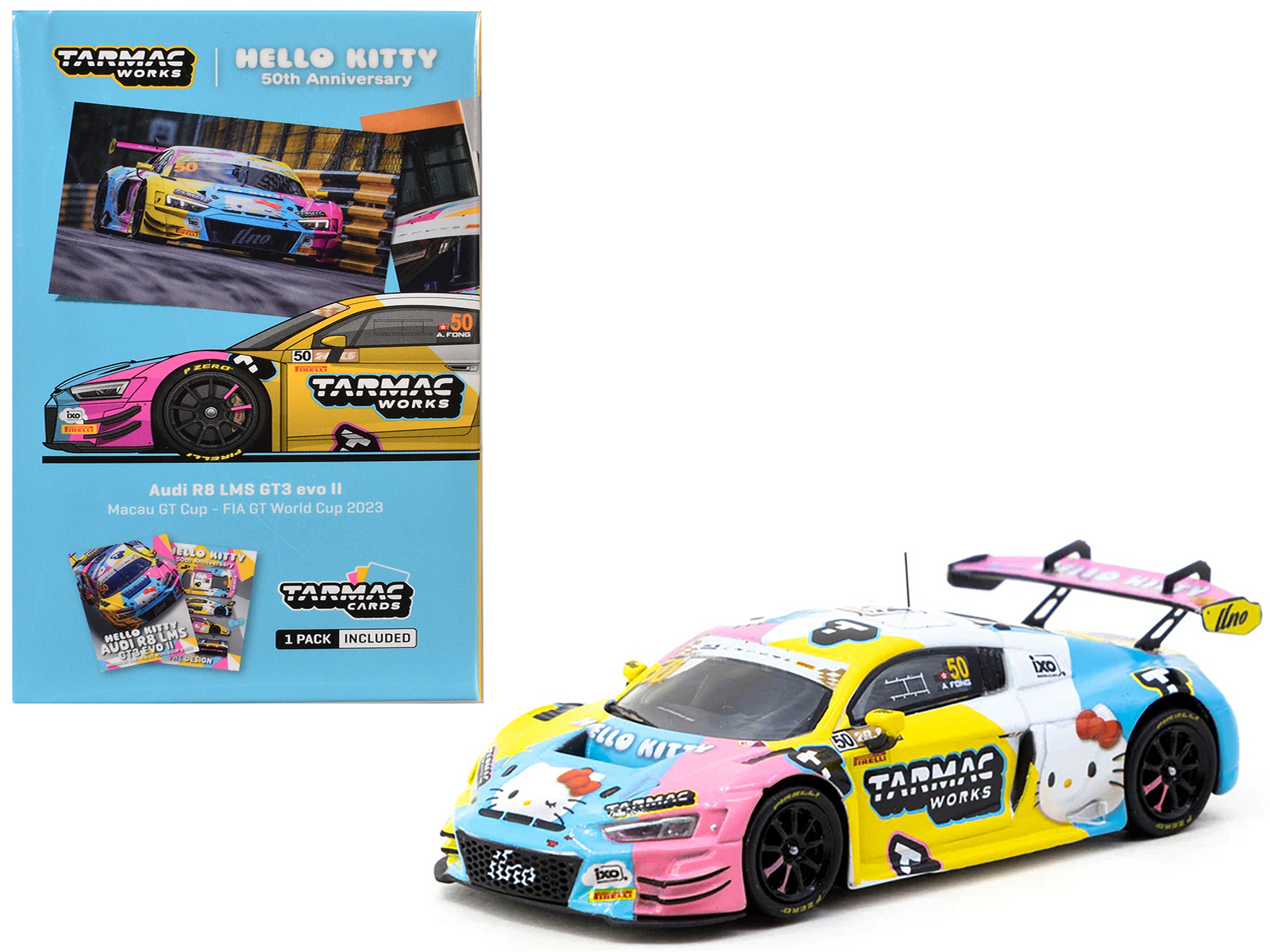 Audi R8 LMS GT3 Evo II #50 Adderly Fong "Macau GP Cup - Hello Kitty 50th Anniversary" "FIA GT World Cup" (2023) with Cards "Hobby64" Series 1/64 Diecast Model Car by Tarmac Works