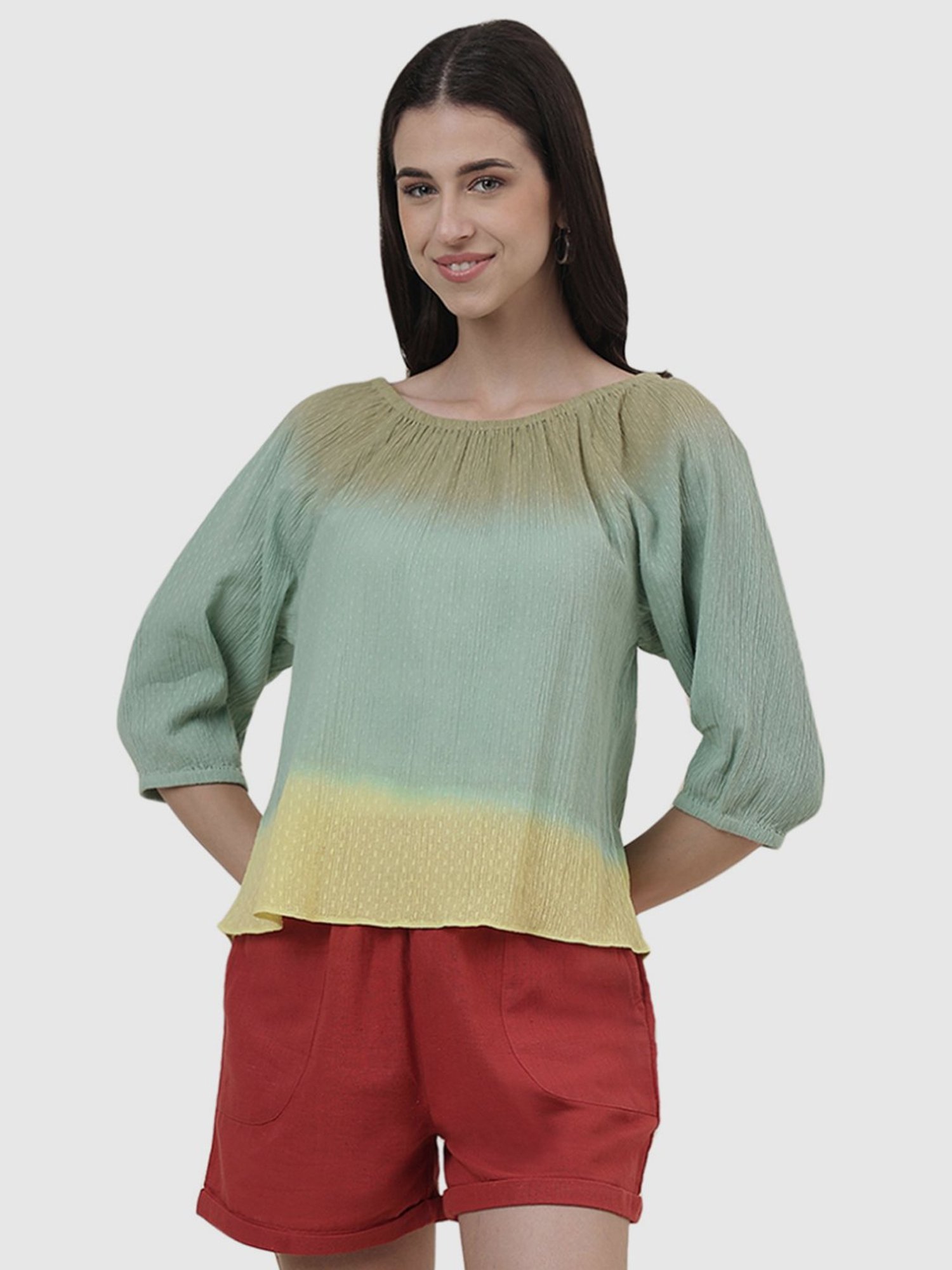 Fabindia Green & Yellow Cotton Tie & Dye Top