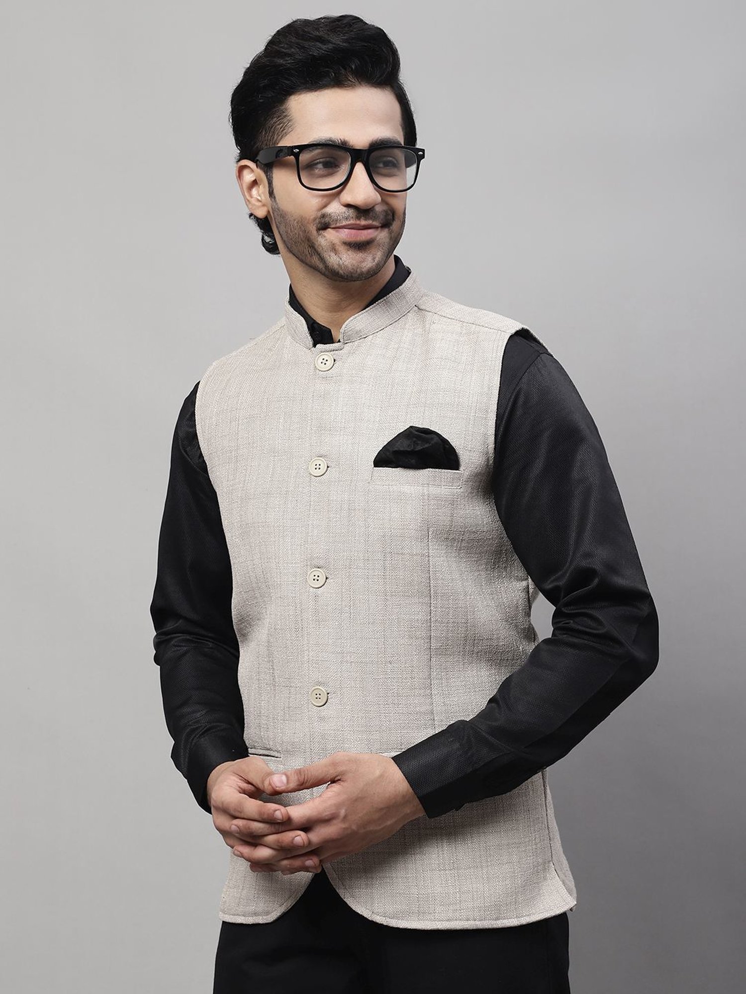 Even Beige Regular Fit Self Pattern Nehru Jacket