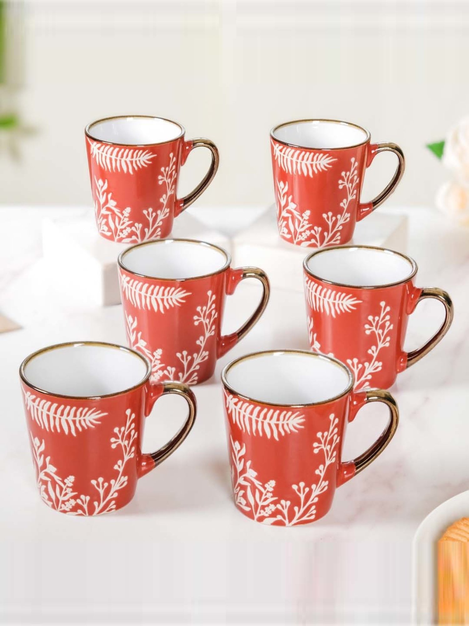 Nestasia Red Coffee Mugs With Golden Rim and Handle Set Of 6 200ml