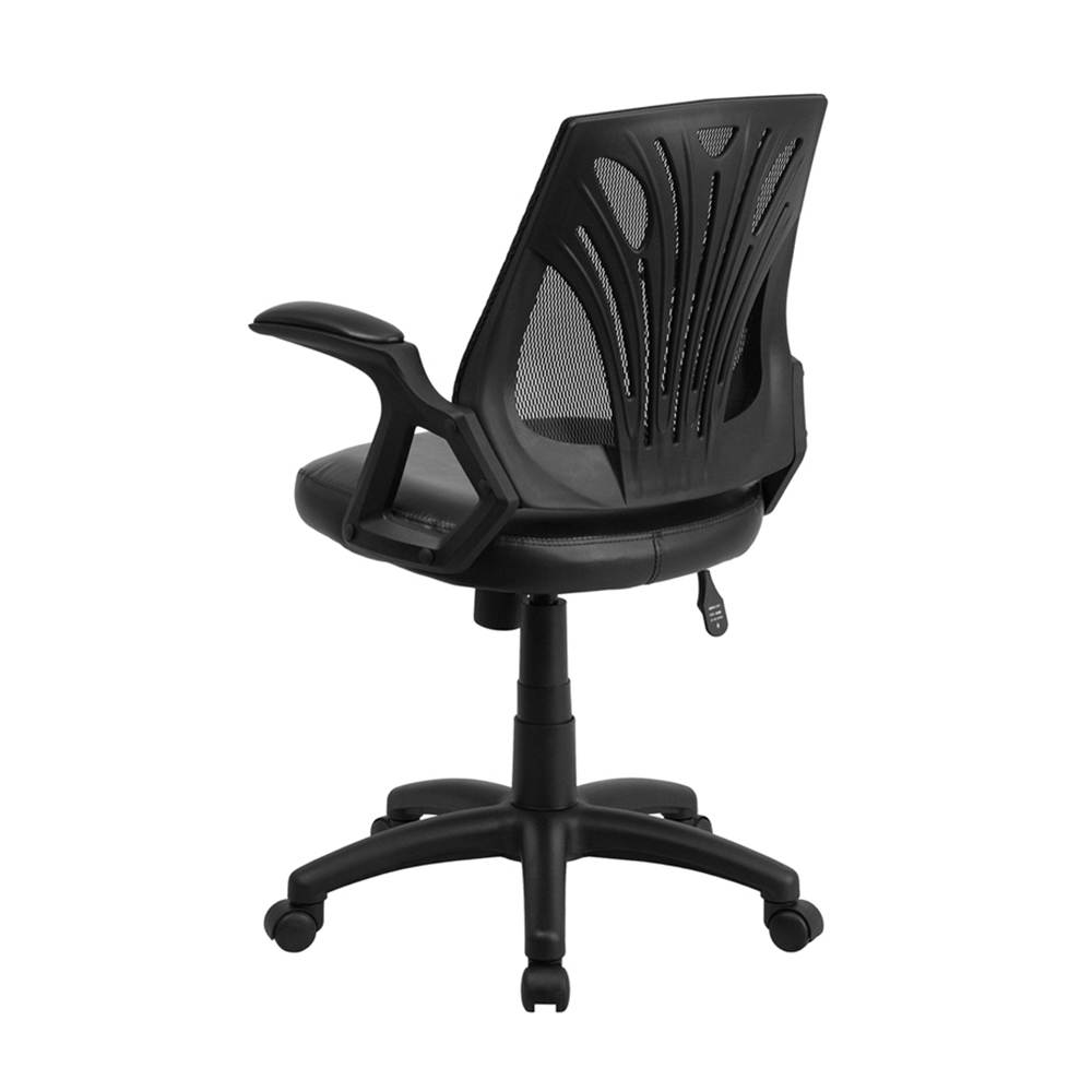Mid-Back Designer Black Mesh Swivel Task Office Chair with LeatherSoft Seat and Open Arms