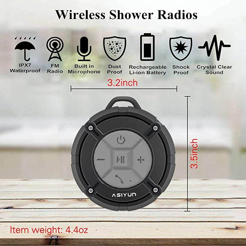 Shower Radios Waterproof Speaker with Louder HD Sound 4H Playtime Portable Wireless Speaker with Suction Cup Built in Mic for Bathroom Pool Beach Outdoor Gray
