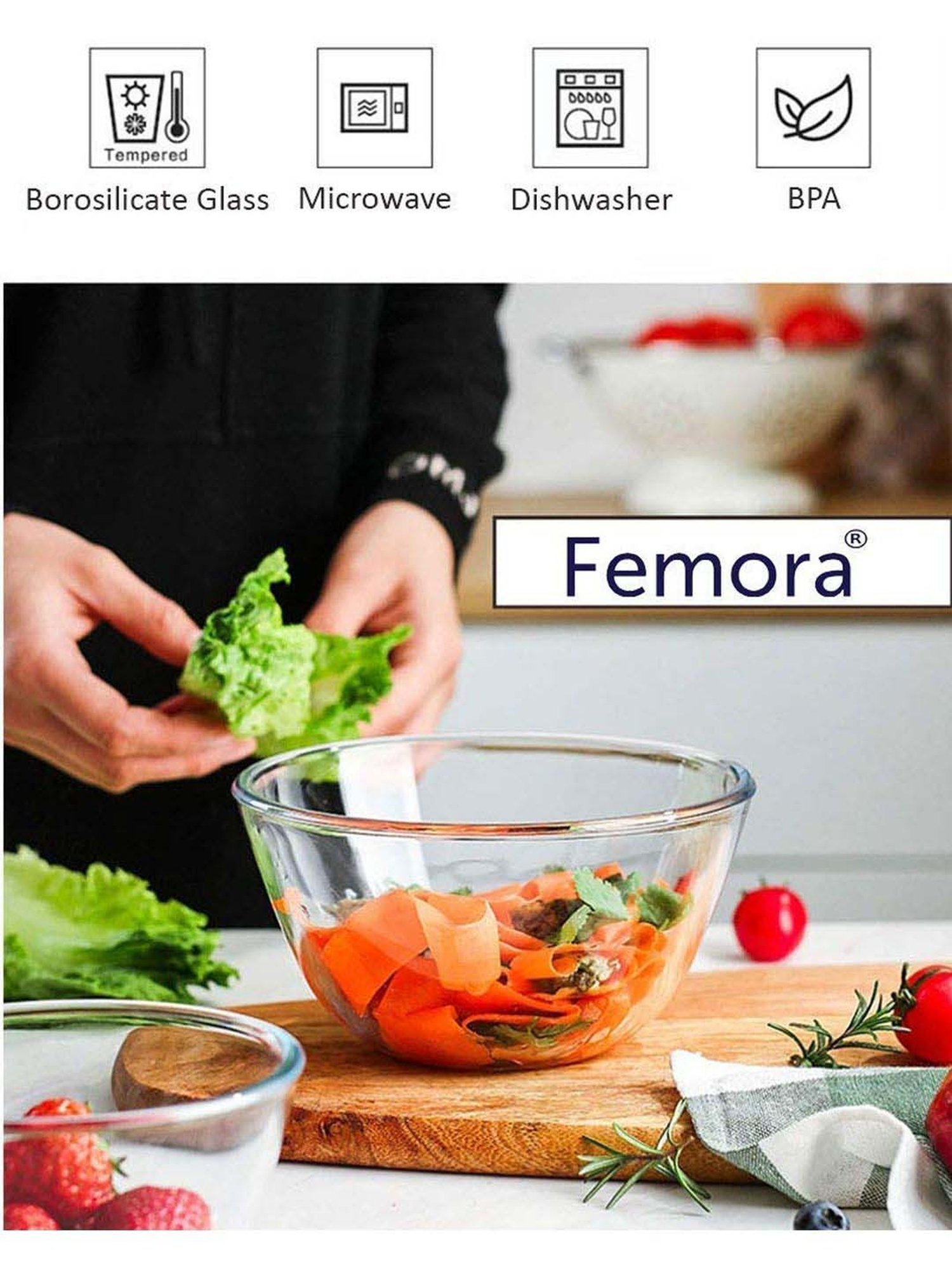Femora Borosilicate Glass Microwave Safe Serveware Set with Spoon (2.1 L & 1.55 L) - Set of 3