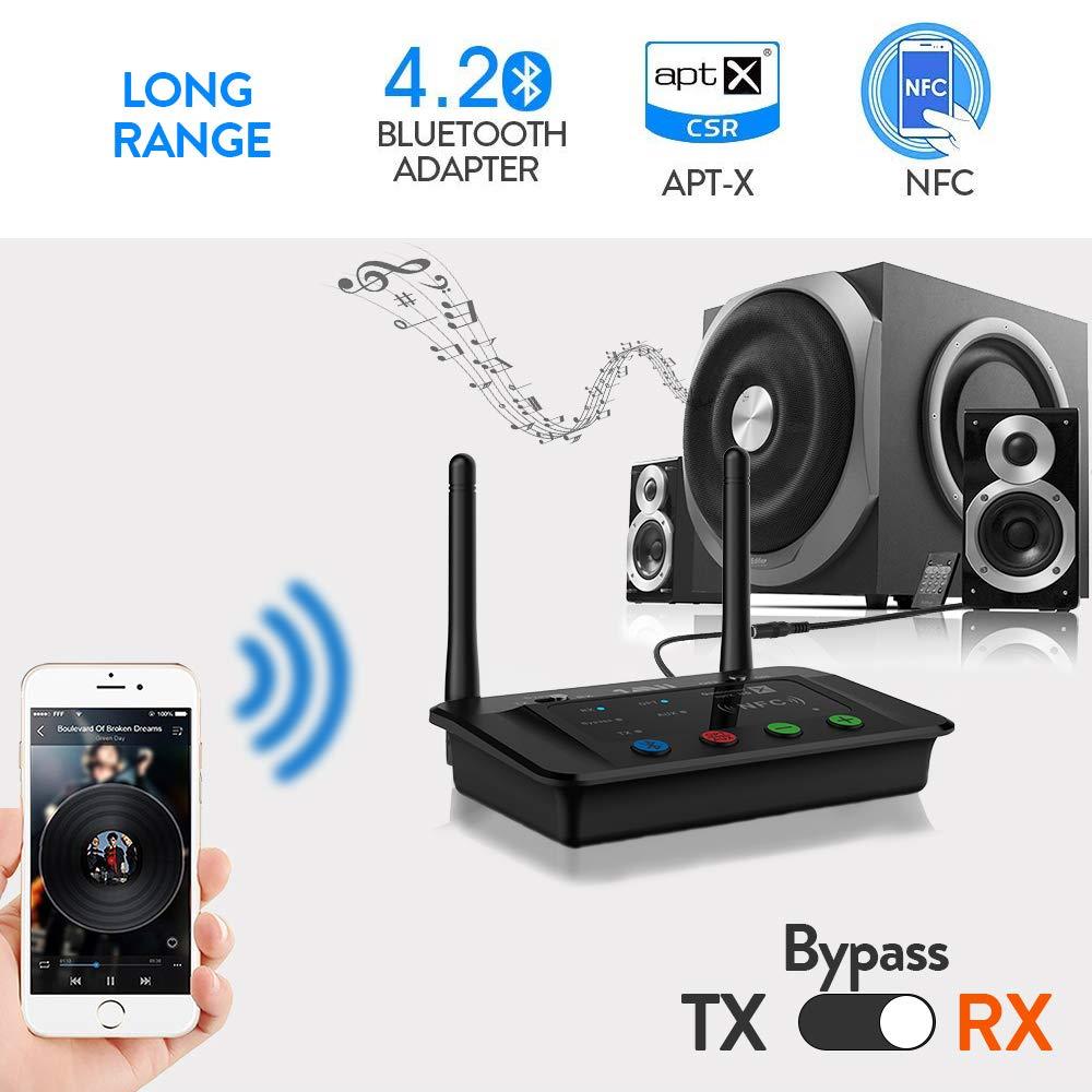 1Mii B03 Long Range Bluetooth 4.2 Transmitter Receiver Bluetooth Audio Adapter Bluetooth Transmitter, aptX Low Latency & HiFi Sound, Optical RCA AUX 3.5mm for TV PC Home Stereo