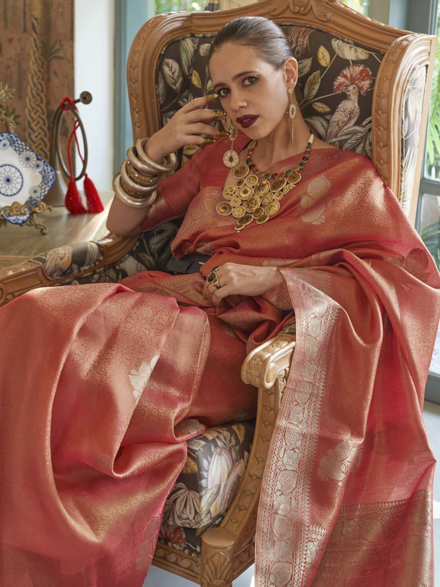 Elora Peach Woven Saree With Unstitched Blouse