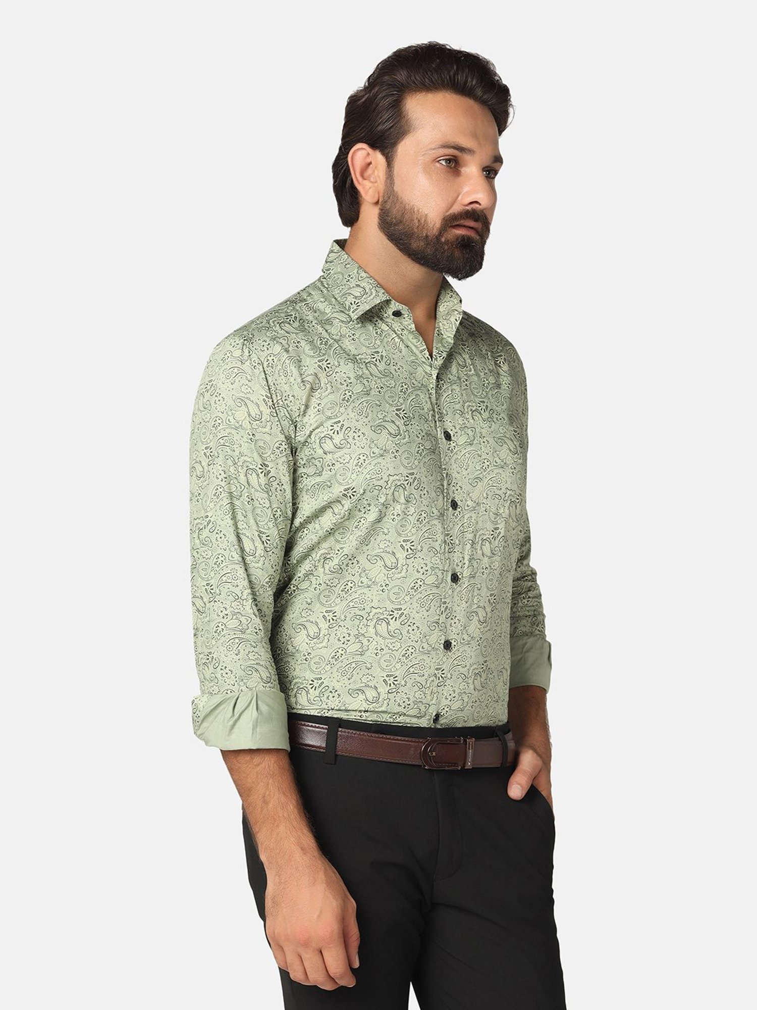 TAHVO Green Slim Fit Printed Shirt