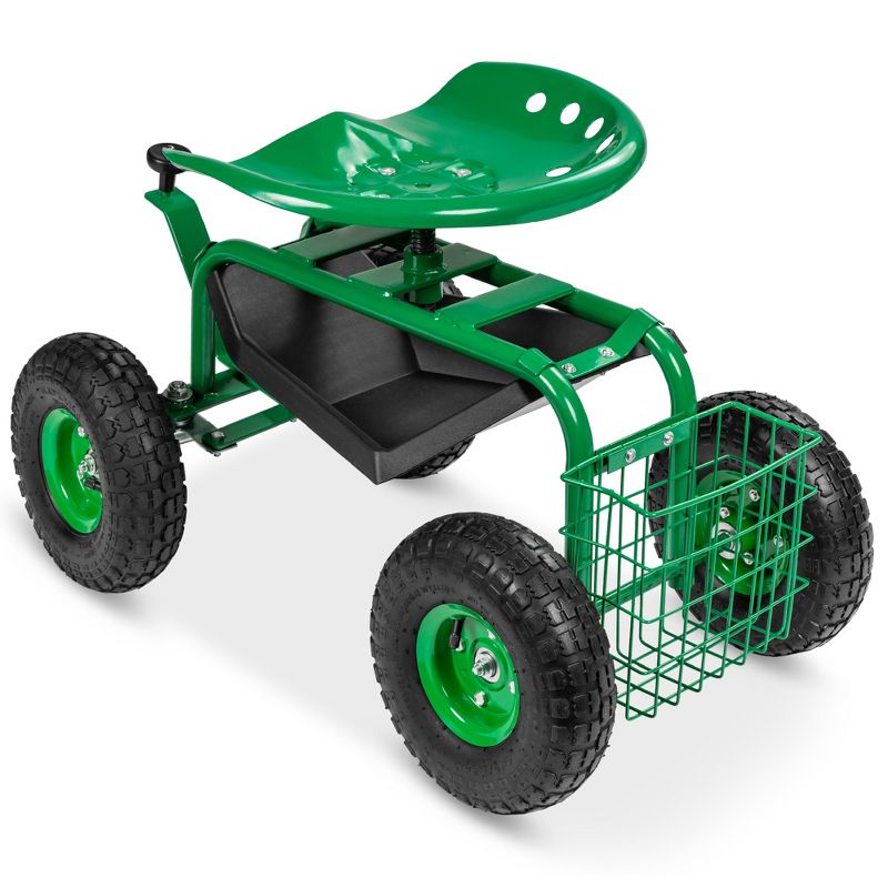 Best Choice Products Garden Cart Mobile Rolling Work Seat w/ Tool Tray, Basket - Green