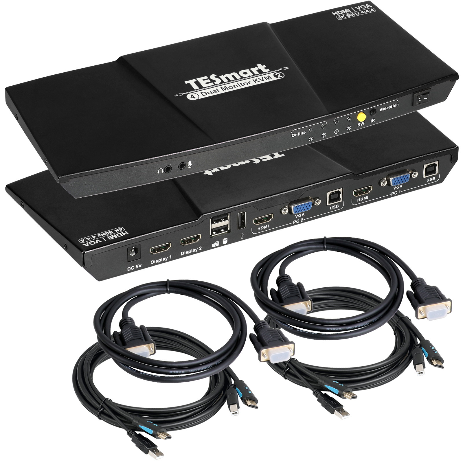 TESmart KVM Switches Dual Monitors 2x2 (VGA + USB) Port KVM Switch 4K 60Hz Control 2  Devices and 2 Monitors with 2 pcs HDMI KVM Cables