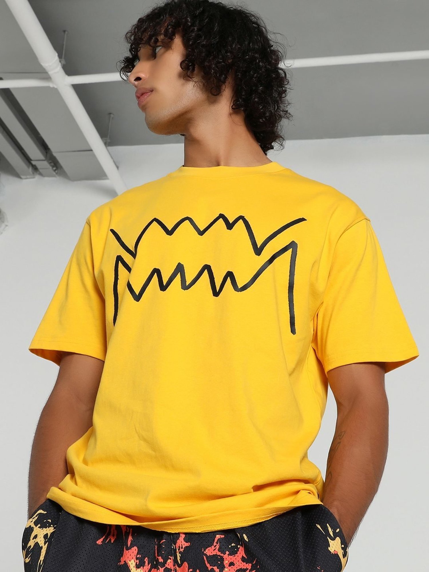 Puma Starting Lineup Yellow Sizzle Cotton Regular Fit Printed Sports T-Shirt