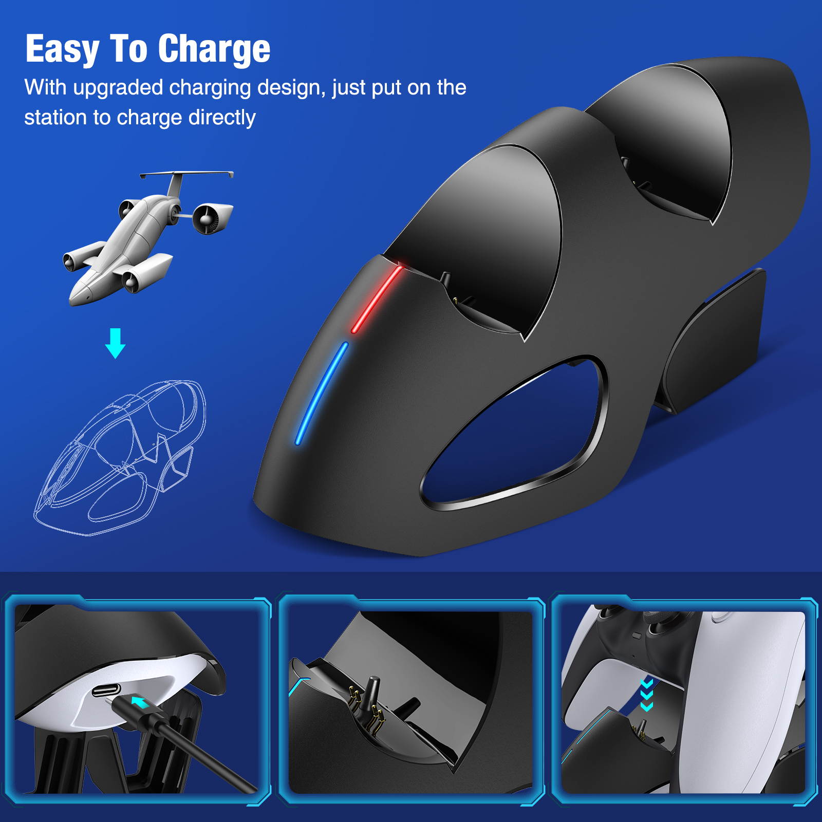 BEBONCOOL Charger for PS5 Charging Station, Patent-designed Fast for PS5 Controller Charger Station, for Playstation 5 Dualsense Charging Station, Dual PS5 Charger Dock for Sony w/ Type C Charger Cord