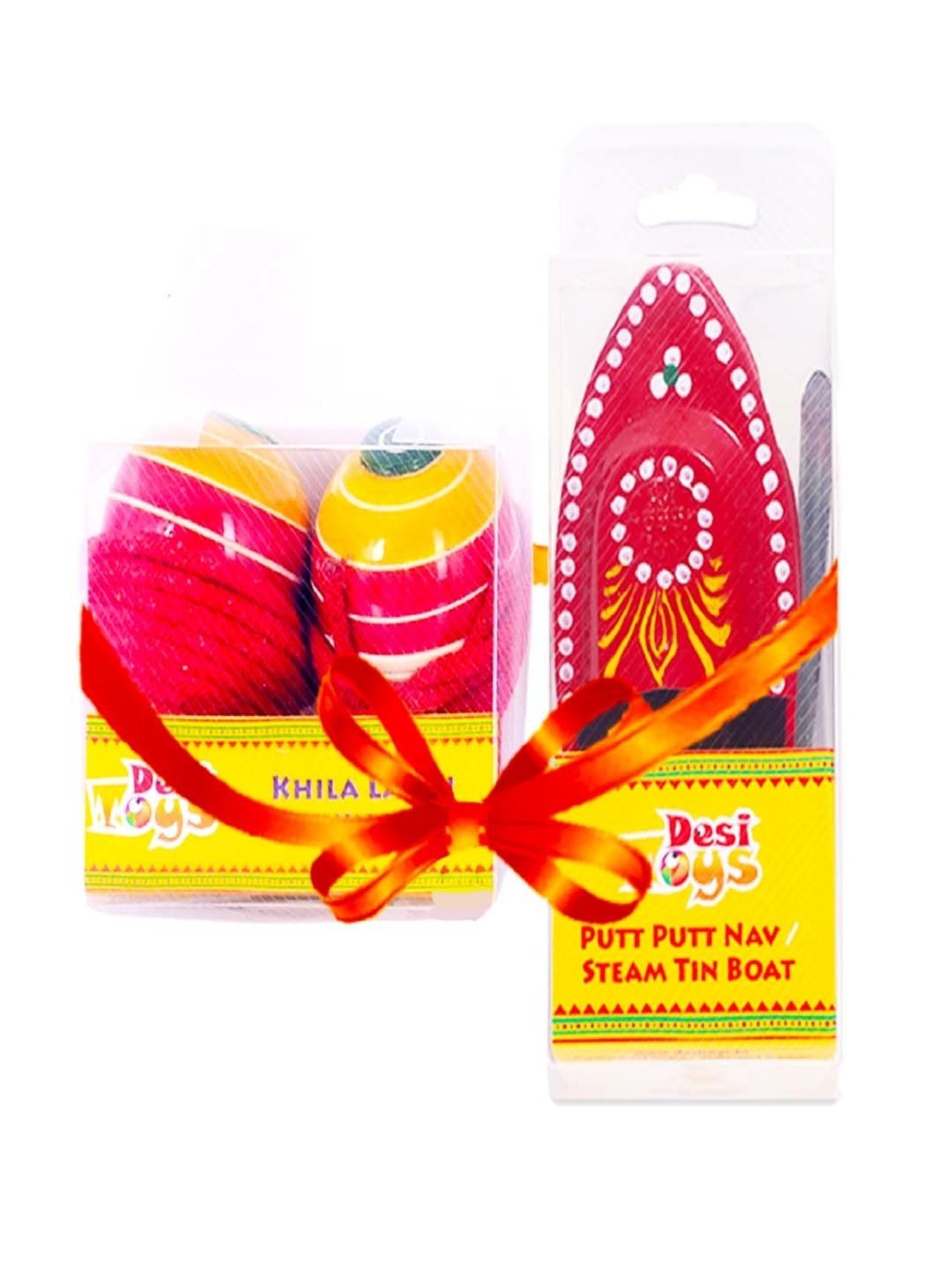 Desi Toys Kids Multicolor Wooden Steam Boat & Spinning Top Set