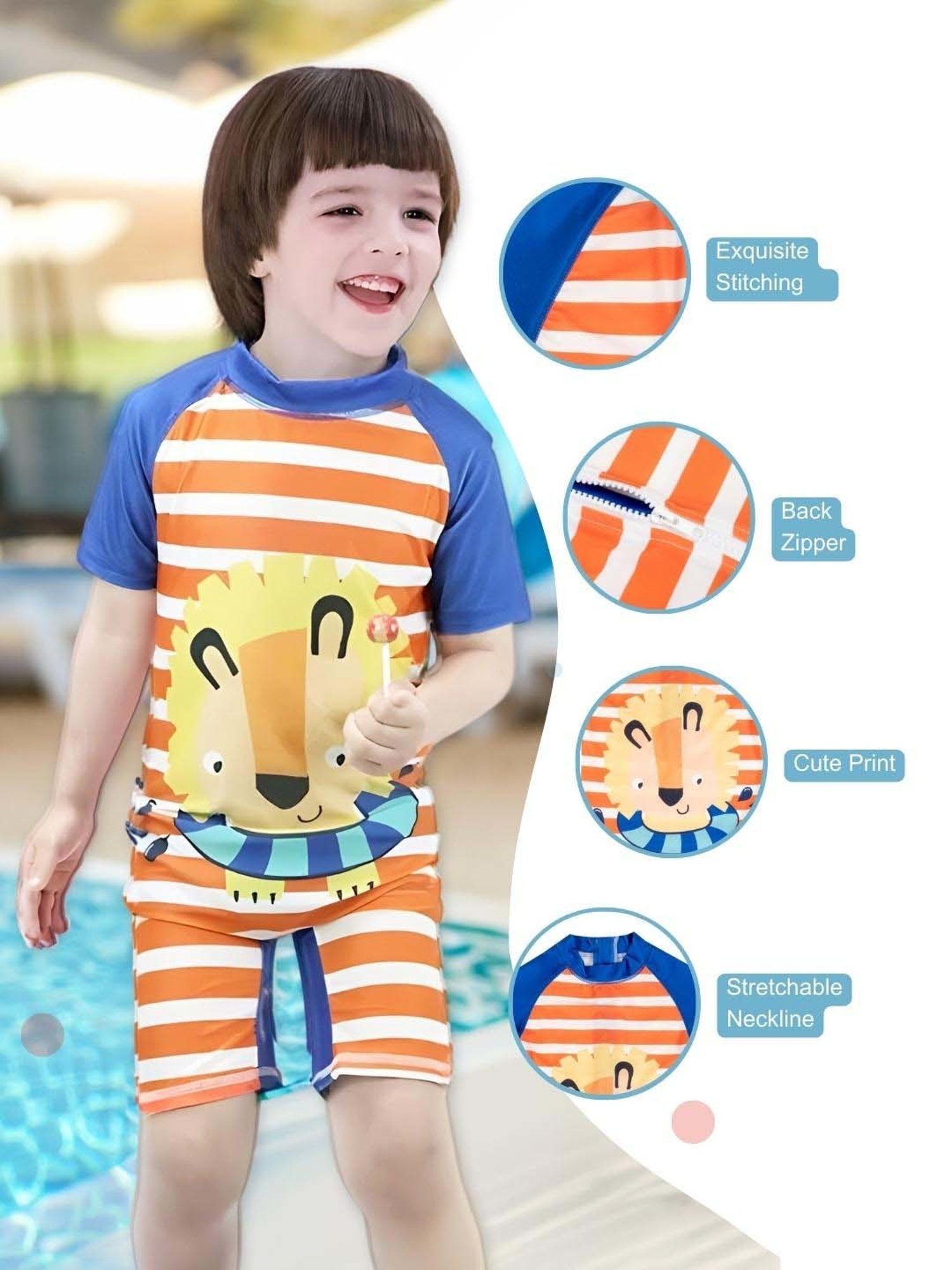 Baby Moo Kids Orange & Blue Printed Swimming Costume