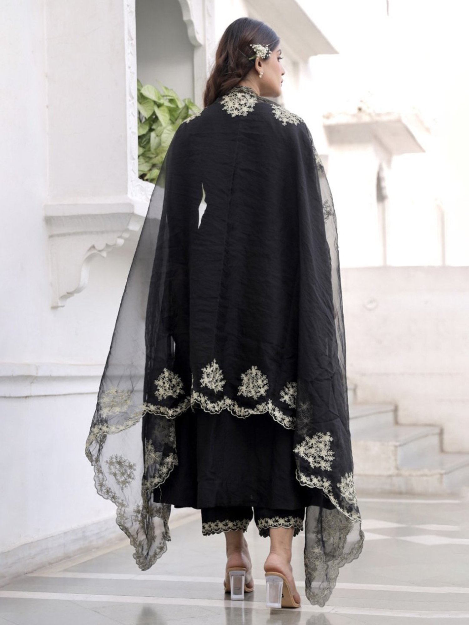 Asrumo Black Sukoon Summer Three Anarkali Kurta with Palazzo and Zari Work Organza Dupatta Set