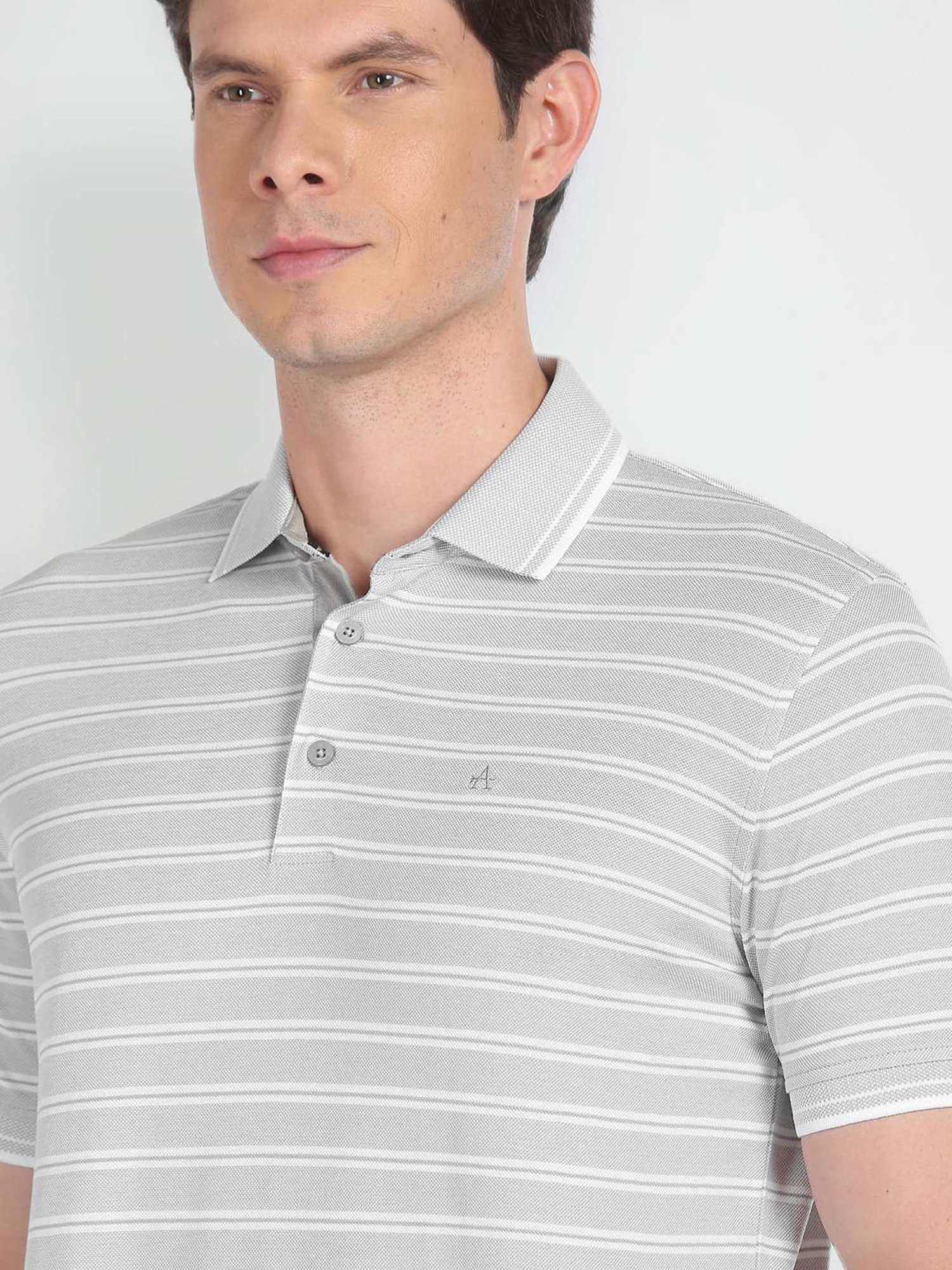 Arrow Grey Cotton Regular Fit Striped Polo T-Shirt