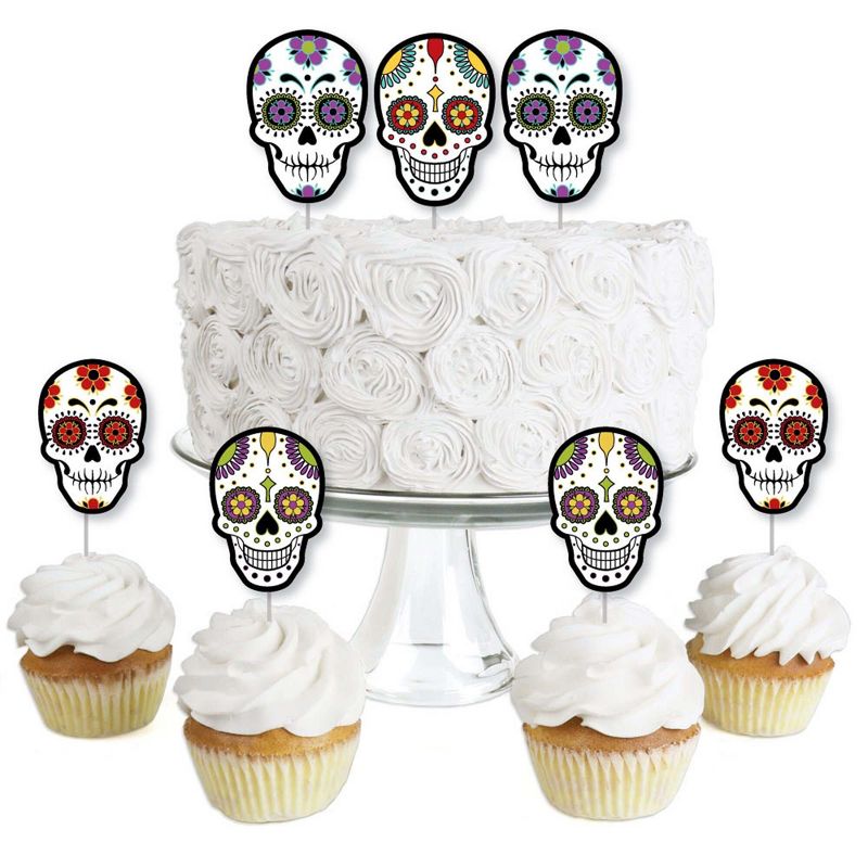 Big Dot of Happiness Day of the Dead - Dessert Cupcake Toppers - Halloween Sugar Skull Party Clear Treat Picks - Set of 24