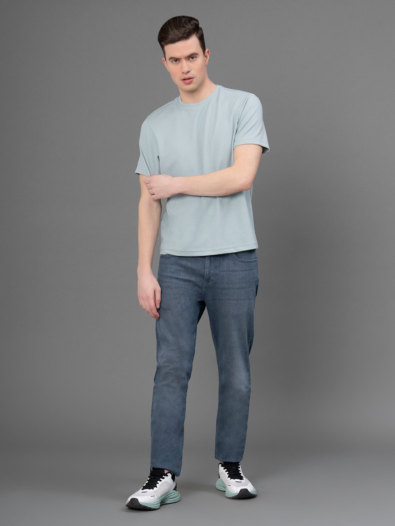 Red Tape Pastel Green Regular Fit Self Design Crew T-Shirt