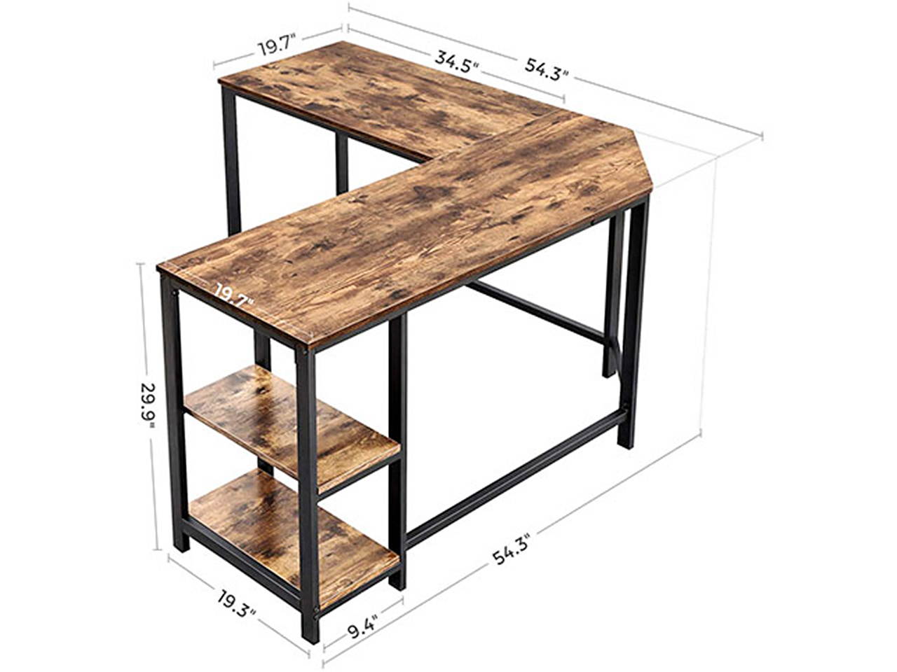 54.3 inch L-Shaped Computer Desk Corner Desk, Office Study Workstation with Shelves, Space-Saving, Easy to Assemble, Rustic Brown