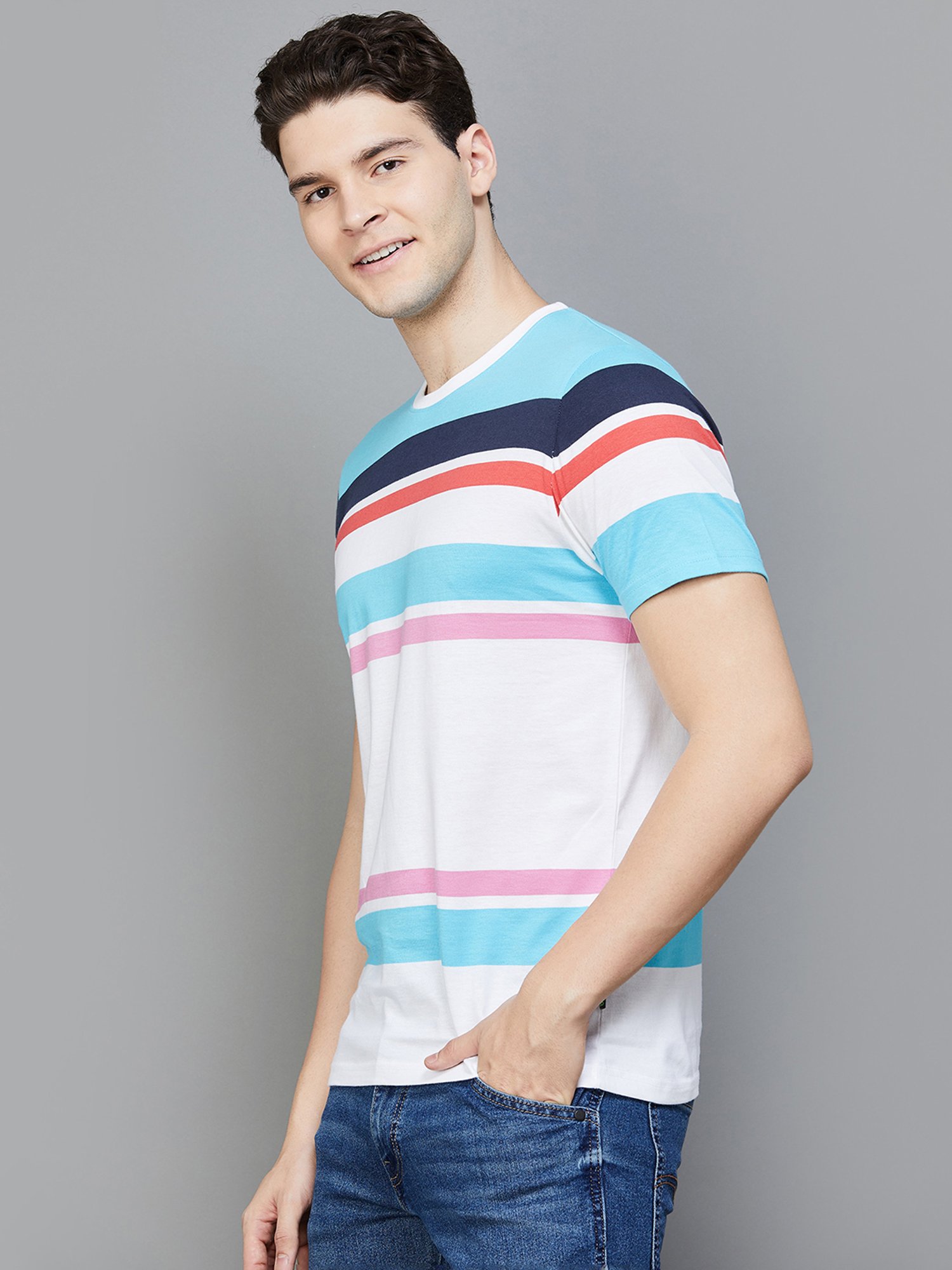 BOSSINI White Regular Fit Striped Crew T-Shirt