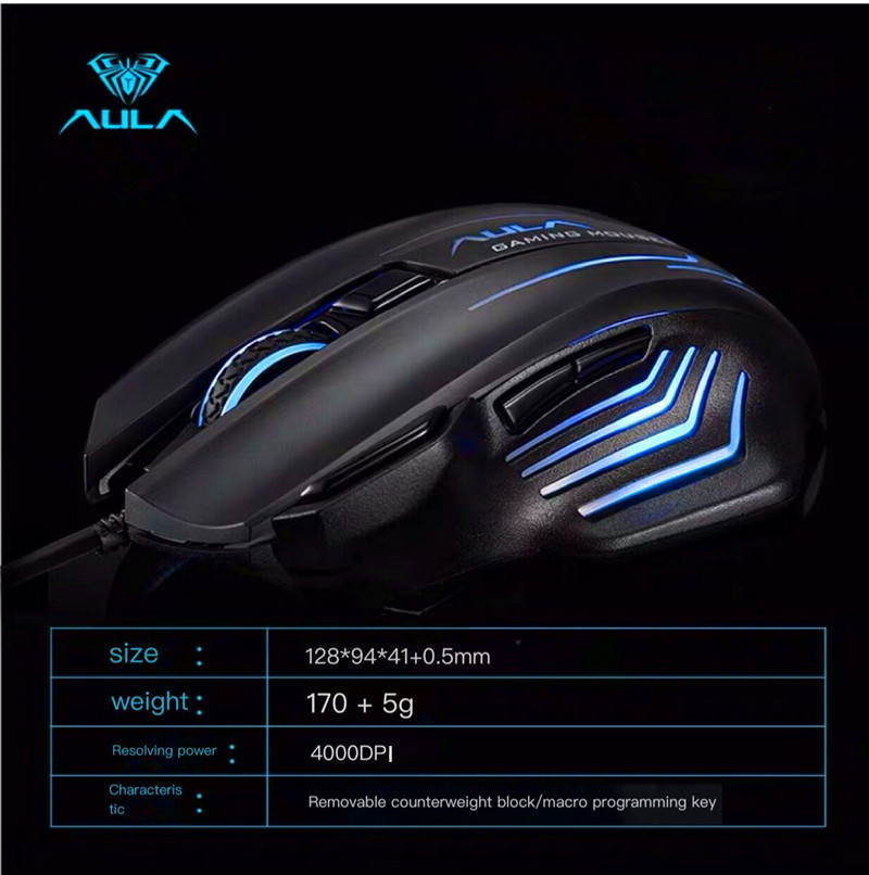 AULA S18 Backlit Gaming Mouse 7 Buttons Programming 4000 DPI Adjustable Optical Wired USB Mouse with Fire Keys for FPS Gamer