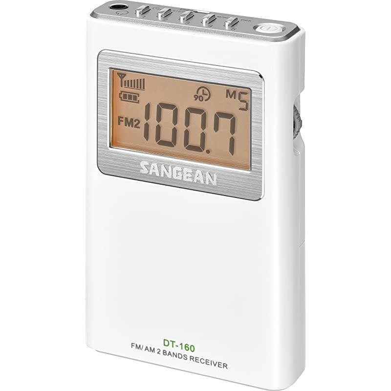 DT-160 AM/FM Stereo Pocket Radio with 100 Operating Hours on 2 AA Batteries, White