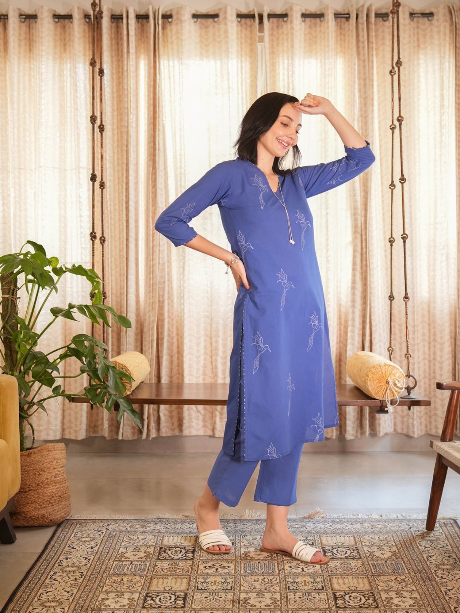 Akiso Royal Blue Hand Block Printed Straight Kurta Set ( Set Of 2 )