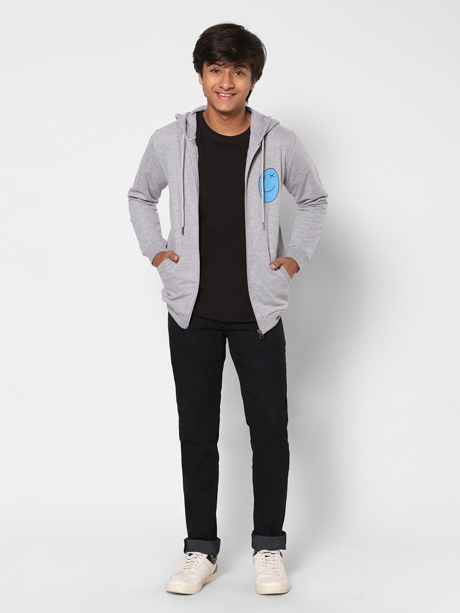 TeenTrums Boys Grey Textured Full Sleeves Hoodie