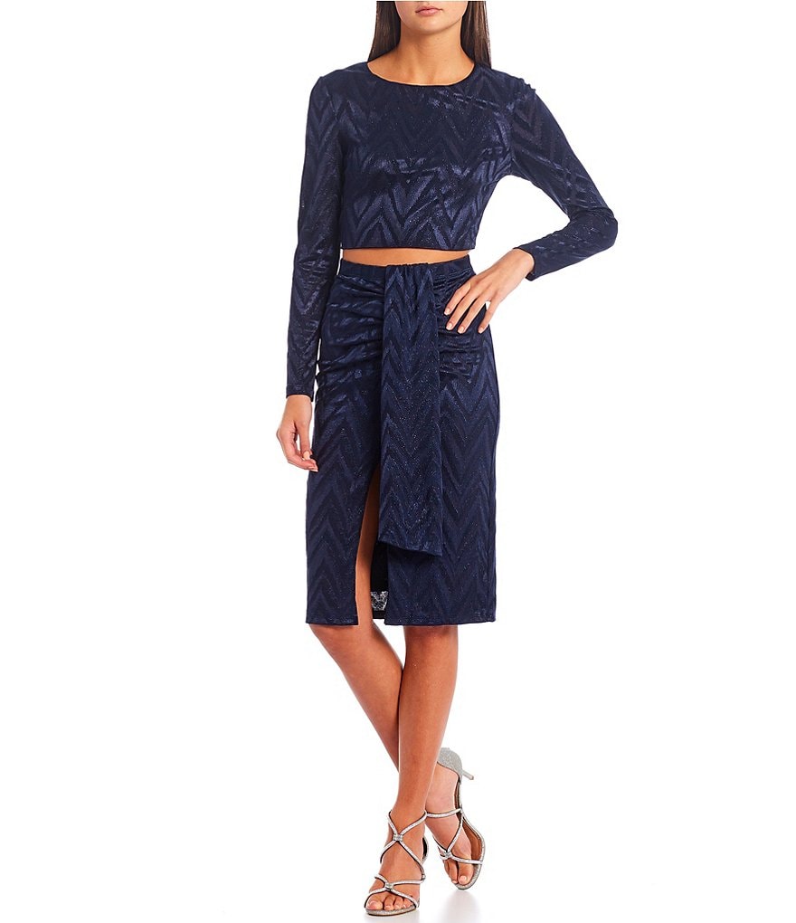 City Vibe Long-Sleeve Glitter-Knit Top & Midi Skirt Two-Piece Dress