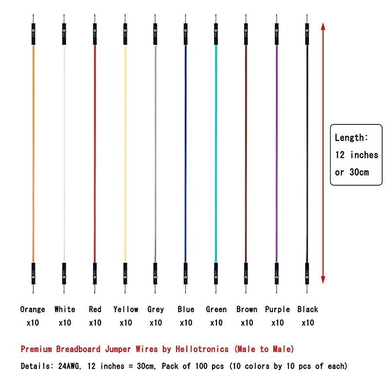 Premium Breadboard Jumper Wires Male to Male 01 Square Head 100Pack 10 Colors 24AWG by Hellotronics 30CM 1P MM
