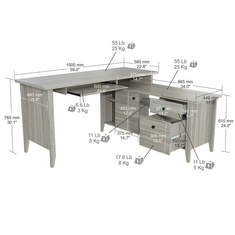 L Shaped Computer Writing Desk Gray - Inval