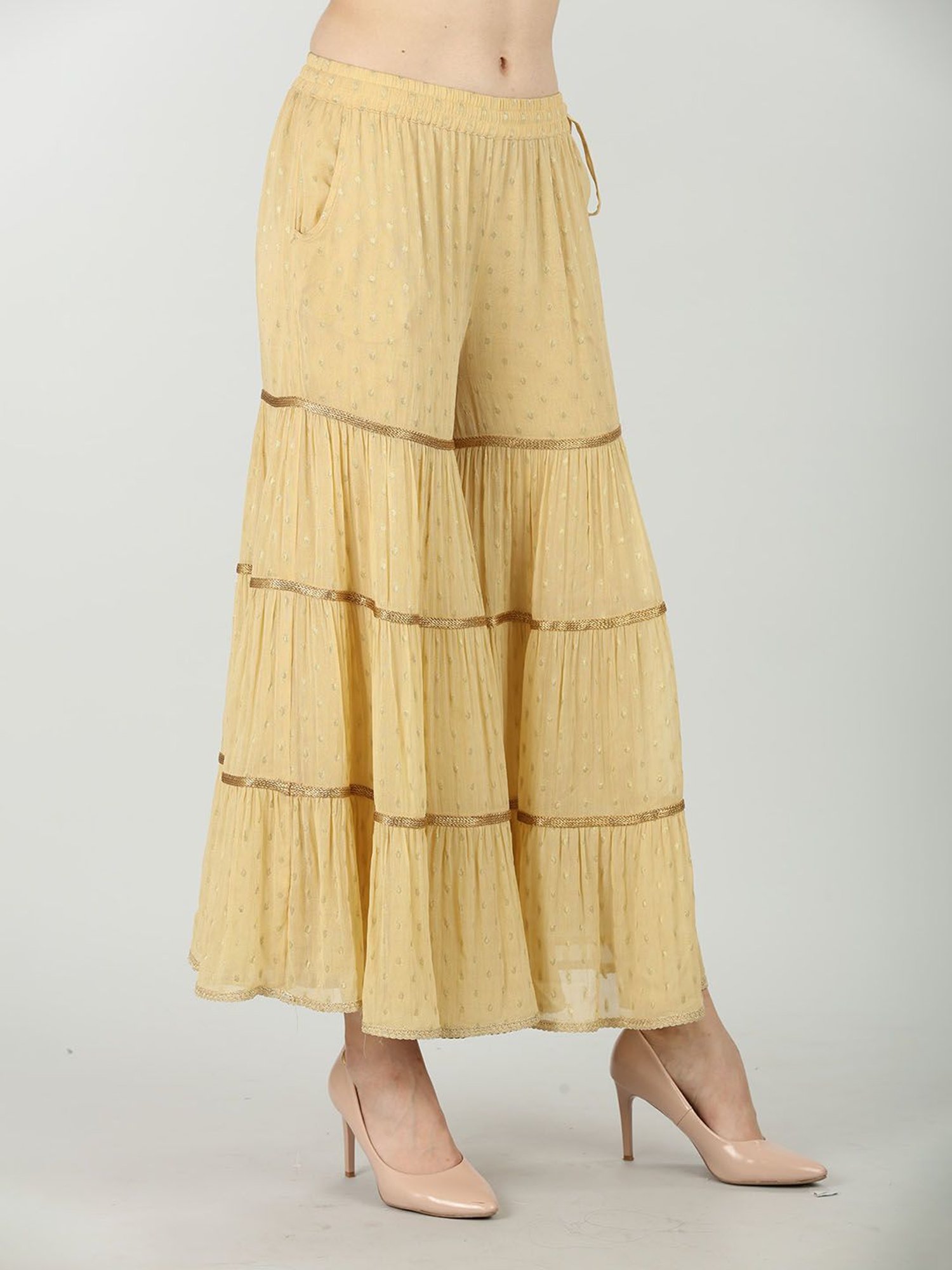 Mustard Beige Georgette Printed Sharara Pants