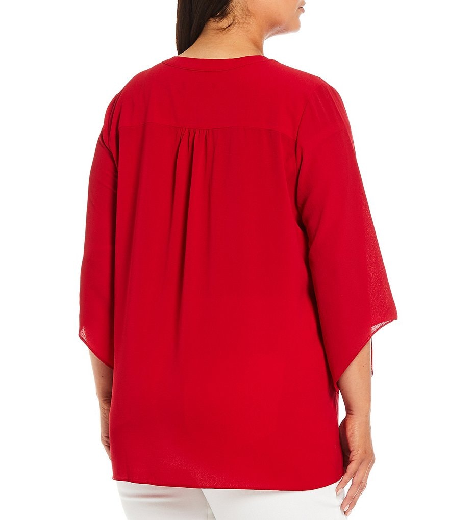 Calessa Plus Size 3/4 Flute Sleeve Split Round Neck Crossover Hem Pebble Crepe Tunic