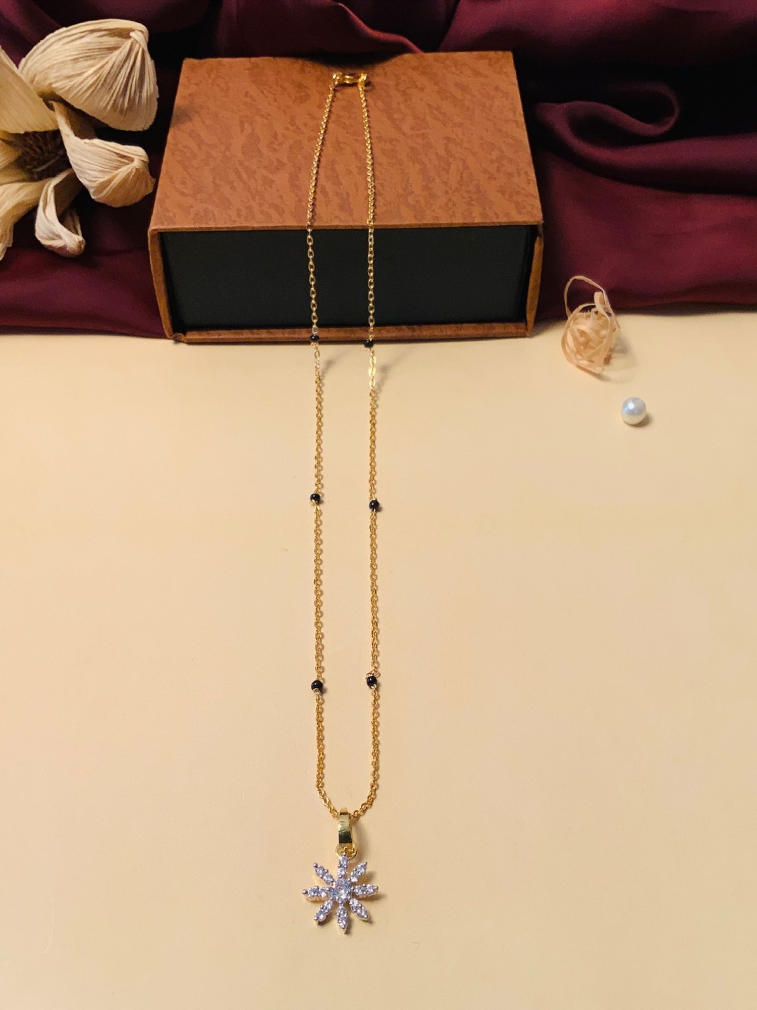 Abdesigns Gold-Plated American Diamond & Black Beaded Mangalsutra