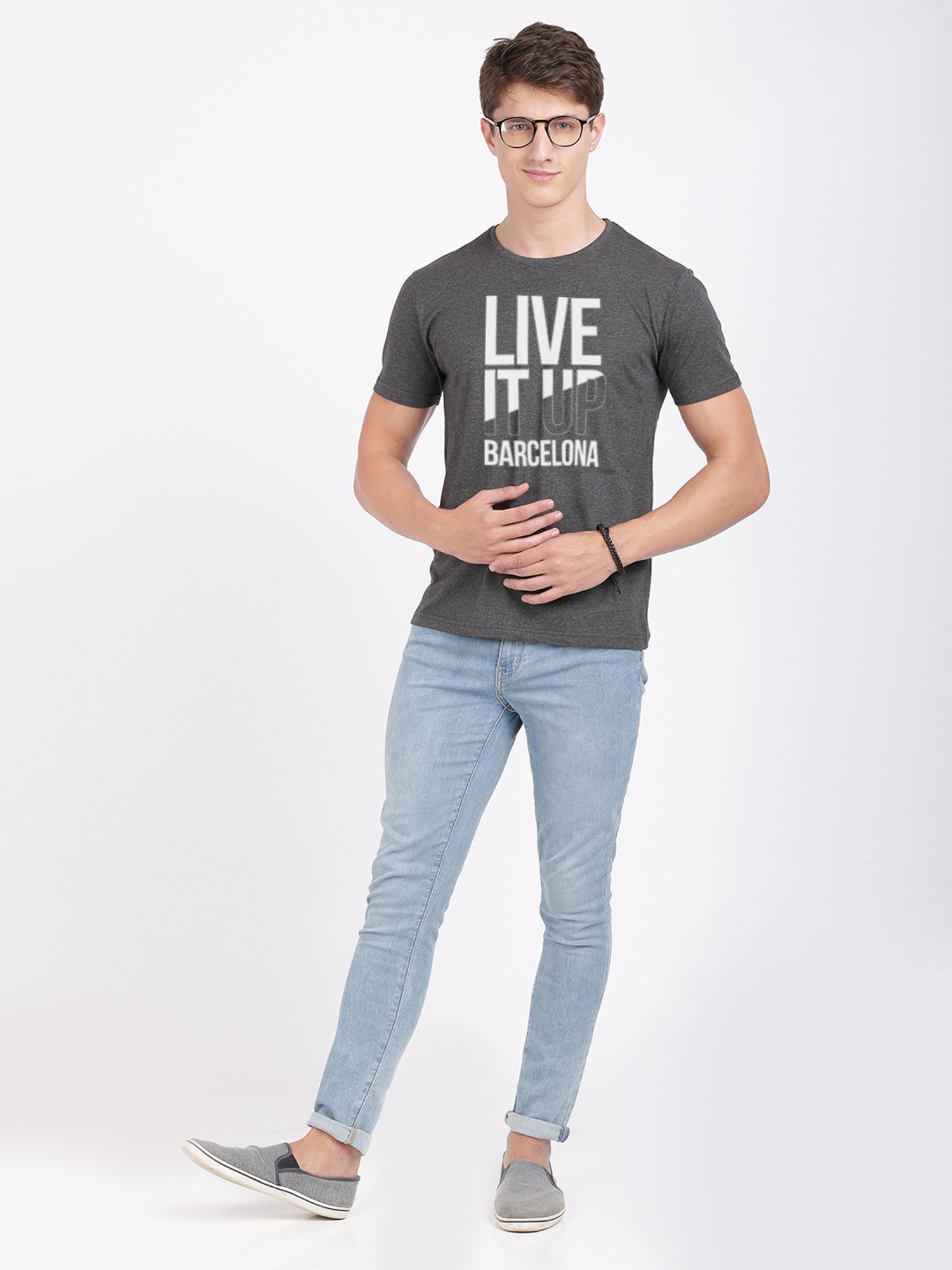 BLACK RADIO Charcoal Slim Fit Printed Cotton Crew T-Shirt