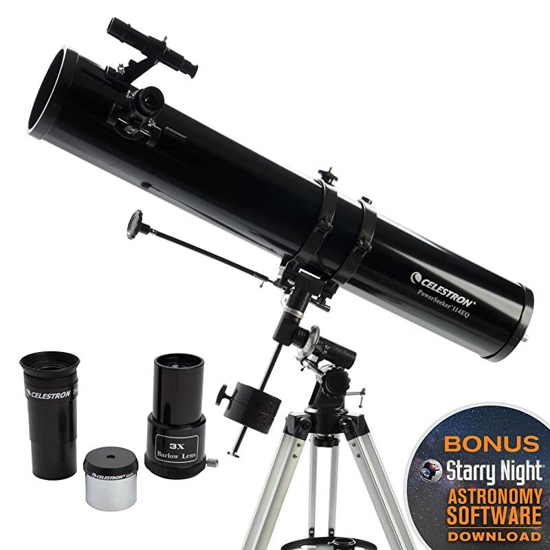 PowerSeeker 114EQ Telescope - Manual German Equatorial Telescope for Beginners - Compact and Portable - BONUS Astronomy Software Package - 114mm Aperture