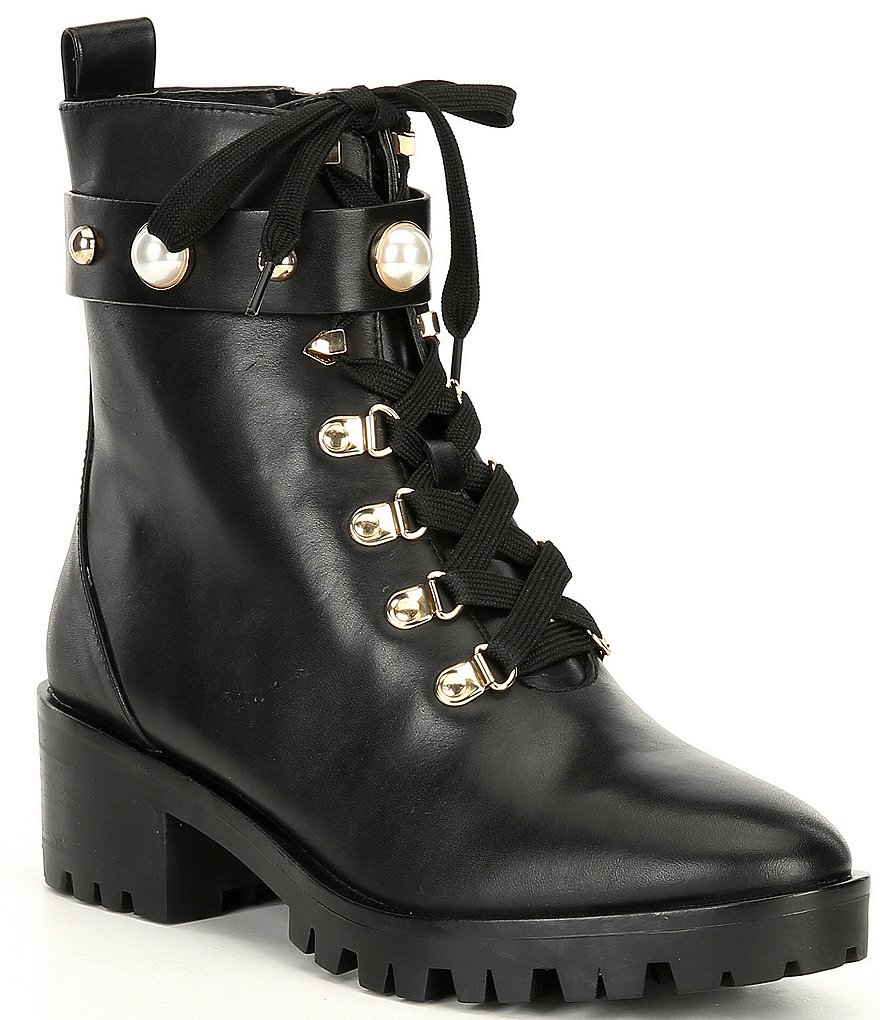 KARL LAGERFELD PARIS Perry Leather Pearl Ornaments Lug Sole Combat Booties