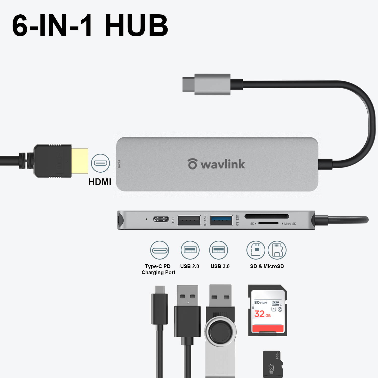 Wavlink USB C Hub, PD 7-in-1 Type C Adapter Mini Docking Station Aluminum with 4K 30Hz HDMI, 2K 60Hz VGA, 2 USB 3.0, SD/TF Card Reader, 87W Laptop Power Delivery for Windows Mac and More, Plug & Play