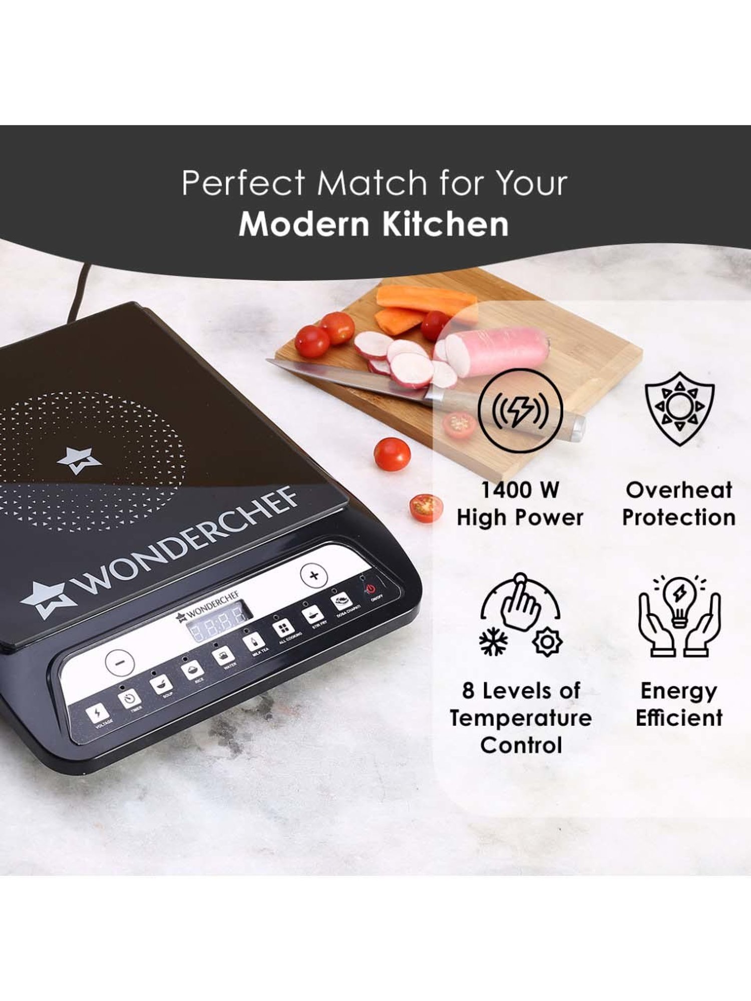 Wonderchef 1400W Induction Cooktop with 11 Preset Functions Push Touch Control,2-Year Warranty