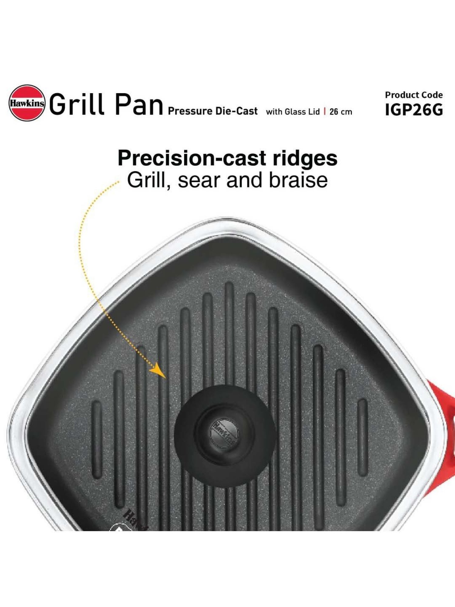 Hawkins Red Ceramic 26 cm Die Cast Square Grilling Pan With Glass Lid (Igp26G) (1.18 L)