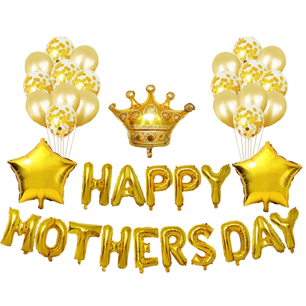 1 Set Golden Printing Aluminum Foil Balloons Confetti Balloons Set Latex Mothers Day Party Layout Crown Star Balloons Decorations Party Supplies