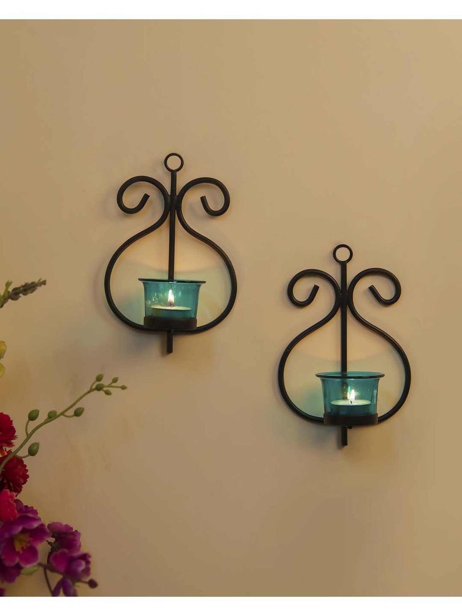 Homesake 'Easter' Black & Turquoise Metal Wall Candle Holder With Tea Light Candle - Set of 2